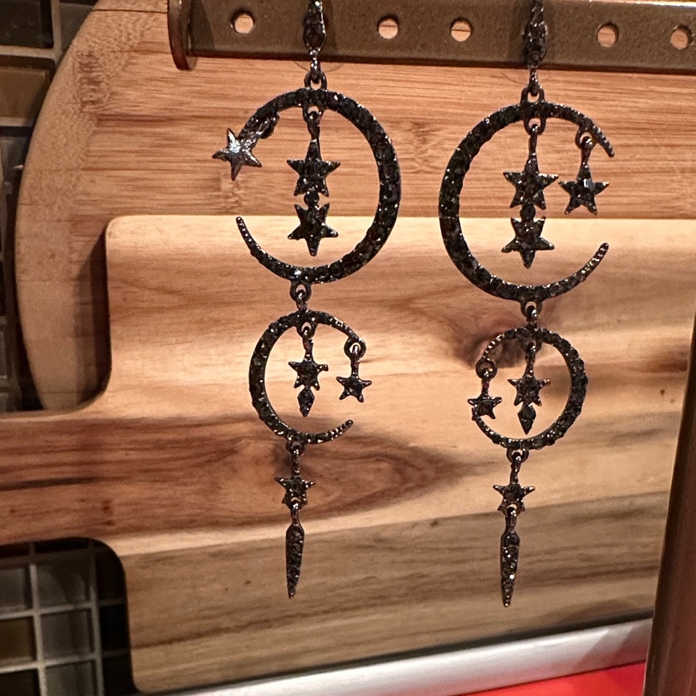 Black Star and Crescent Moon, Black Diamond Encrusted Dangle Earrings.